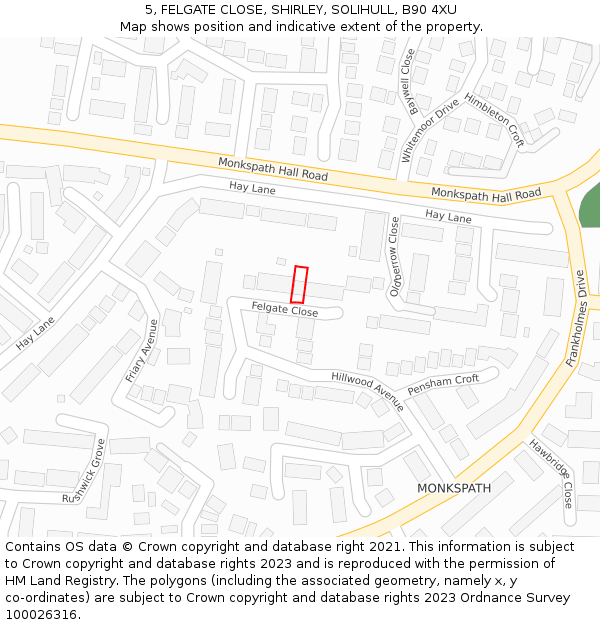 5, FELGATE CLOSE, SHIRLEY, SOLIHULL, B90 4XU: Location map and indicative extent of plot