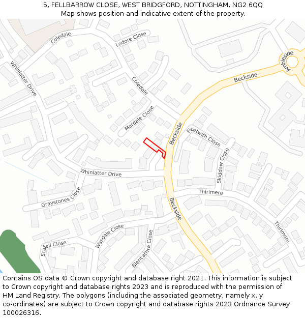 5, FELLBARROW CLOSE, WEST BRIDGFORD, NOTTINGHAM, NG2 6QQ: Location map and indicative extent of plot