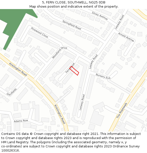 5, FERN CLOSE, SOUTHWELL, NG25 0DB: Location map and indicative extent of plot