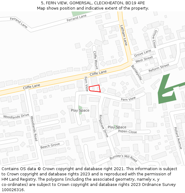 5, FERN VIEW, GOMERSAL, CLECKHEATON, BD19 4PE: Location map and indicative extent of plot