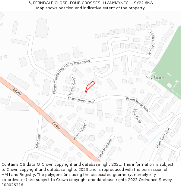 5, FERNDALE CLOSE, FOUR CROSSES, LLANYMYNECH, SY22 6NA: Location map and indicative extent of plot