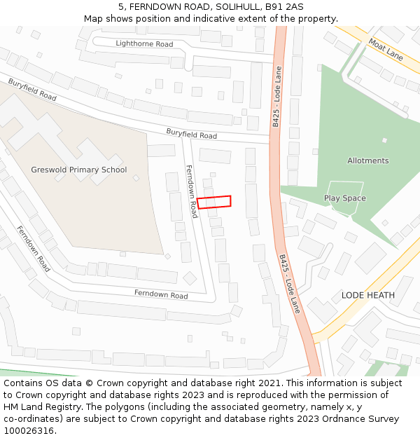 5, FERNDOWN ROAD, SOLIHULL, B91 2AS: Location map and indicative extent of plot