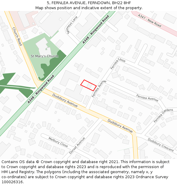 5, FERNLEA AVENUE, FERNDOWN, BH22 8HF: Location map and indicative extent of plot