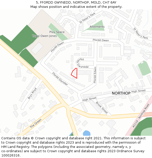 5, FFORDD GWYNEDD, NORTHOP, MOLD, CH7 6AY: Location map and indicative extent of plot