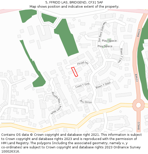 5, FFRIDD LAS, BRIDGEND, CF31 5AF: Location map and indicative extent of plot