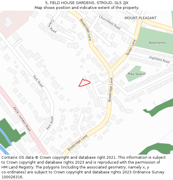 5, FIELD HOUSE GARDENS, STROUD, GL5 2JX: Location map and indicative extent of plot