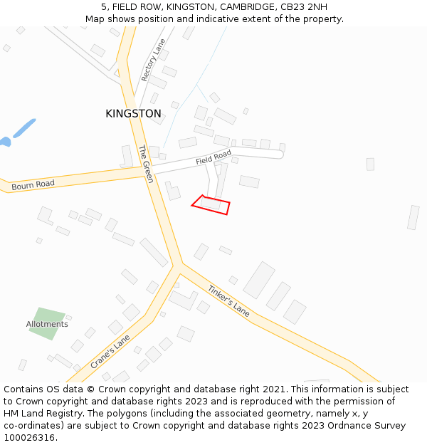 5, FIELD ROW, KINGSTON, CAMBRIDGE, CB23 2NH: Location map and indicative extent of plot