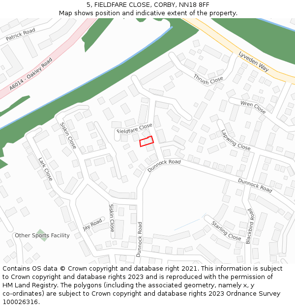 5, FIELDFARE CLOSE, CORBY, NN18 8FF: Location map and indicative extent of plot
