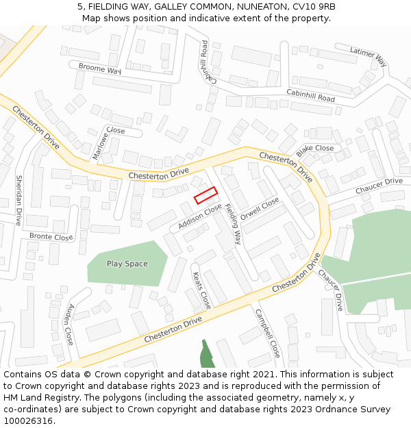 5, FIELDING WAY, GALLEY COMMON, NUNEATON, CV10 9RB: Location map and indicative extent of plot