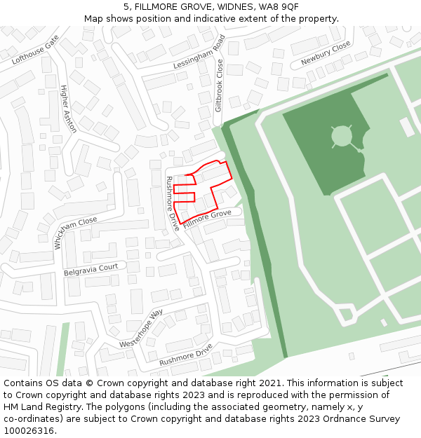 5, FILLMORE GROVE, WIDNES, WA8 9QF: Location map and indicative extent of plot