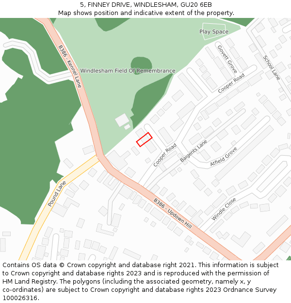 5, FINNEY DRIVE, WINDLESHAM, GU20 6EB: Location map and indicative extent of plot