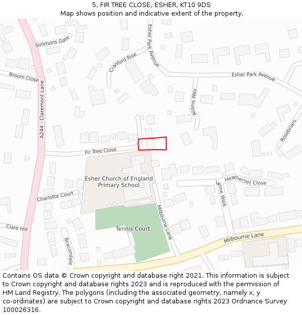 5, FIR TREE CLOSE, ESHER, KT10 9DS: Location map and indicative extent of plot