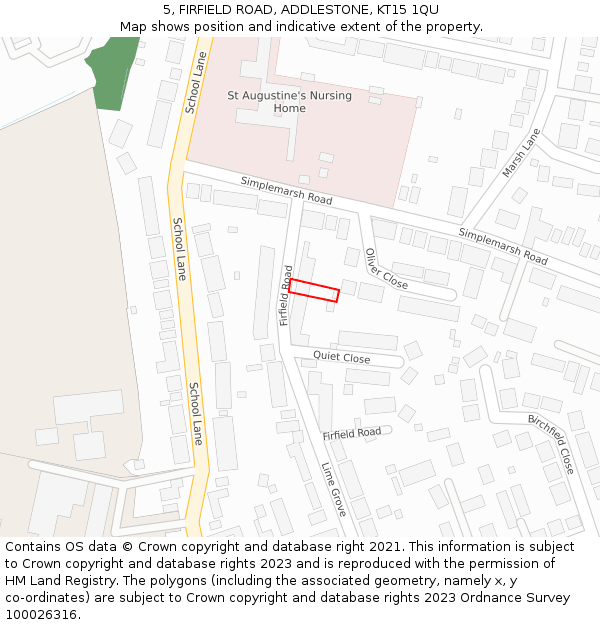 5, FIRFIELD ROAD, ADDLESTONE, KT15 1QU: Location map and indicative extent of plot