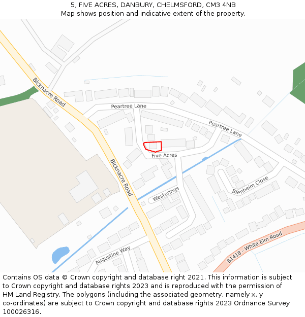 5, FIVE ACRES, DANBURY, CHELMSFORD, CM3 4NB: Location map and indicative extent of plot