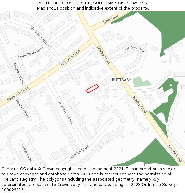 5, FLEURET CLOSE, HYTHE, SOUTHAMPTON, SO45 3NS: Location map and indicative extent of plot
