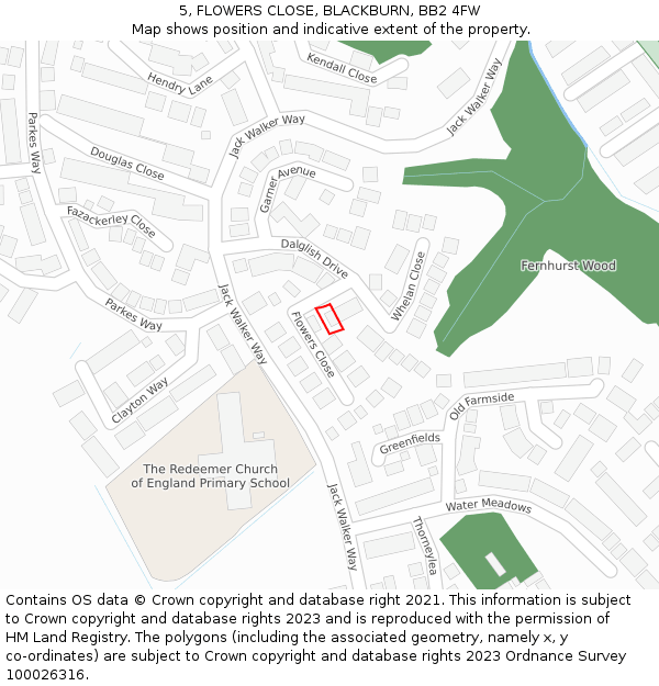 5, FLOWERS CLOSE, BLACKBURN, BB2 4FW: Location map and indicative extent of plot