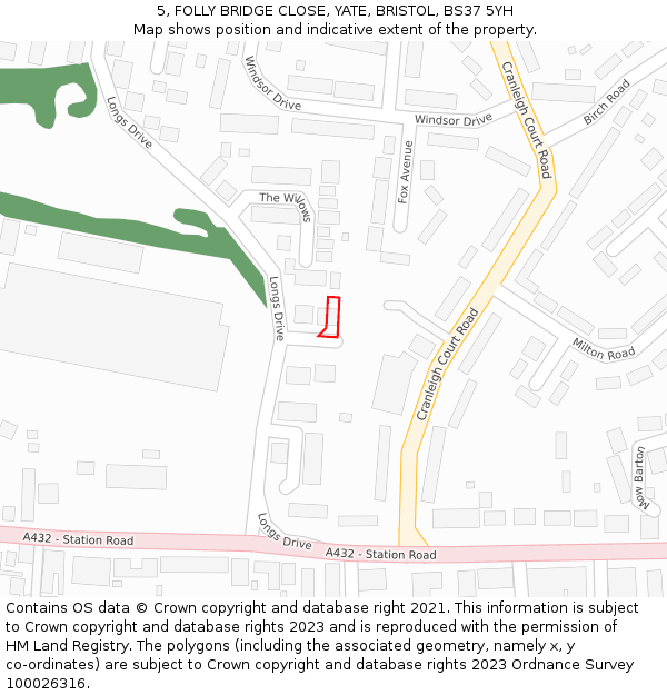 5, FOLLY BRIDGE CLOSE, YATE, BRISTOL, BS37 5YH: Location map and indicative extent of plot