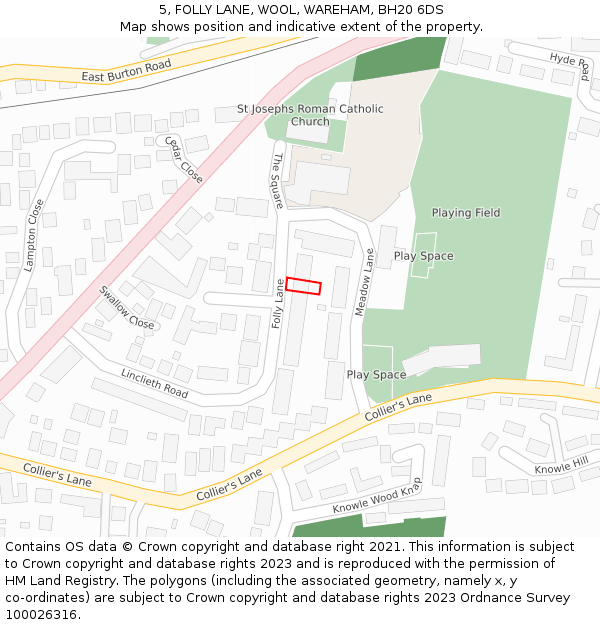 5, FOLLY LANE, WOOL, WAREHAM, BH20 6DS: Location map and indicative extent of plot