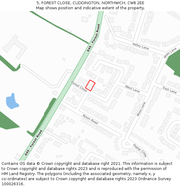 5, FOREST CLOSE, CUDDINGTON, NORTHWICH, CW8 2EE: Location map and indicative extent of plot