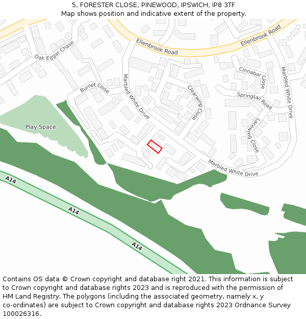 5, FORESTER CLOSE, PINEWOOD, IPSWICH, IP8 3TF: Location map and indicative extent of plot