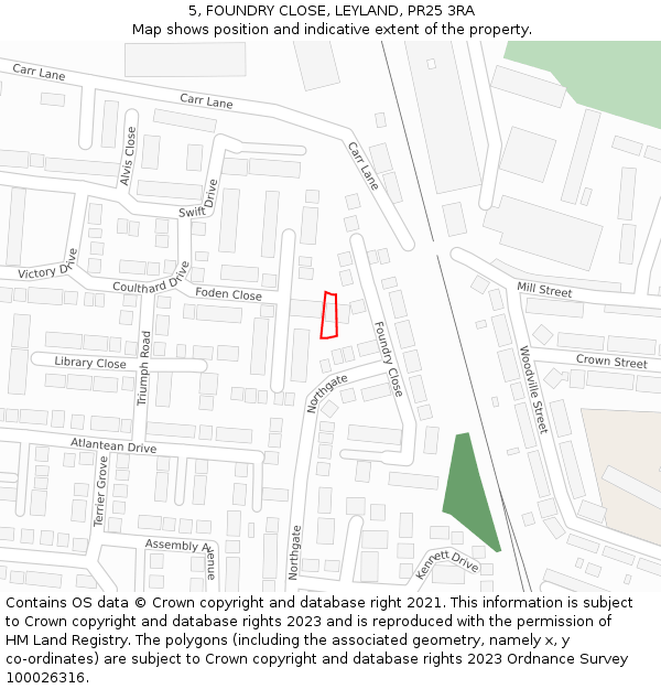 5, FOUNDRY CLOSE, LEYLAND, PR25 3RA: Location map and indicative extent of plot