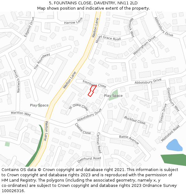 5, FOUNTAINS CLOSE, DAVENTRY, NN11 2LD: Location map and indicative extent of plot