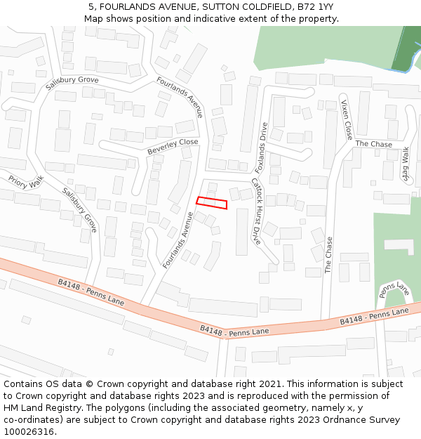 5, FOURLANDS AVENUE, SUTTON COLDFIELD, B72 1YY: Location map and indicative extent of plot