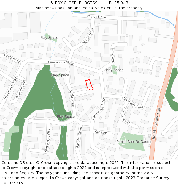 5, FOX CLOSE, BURGESS HILL, RH15 9UR: Location map and indicative extent of plot