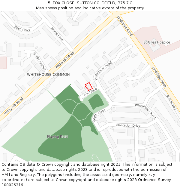 5, FOX CLOSE, SUTTON COLDFIELD, B75 7JG: Location map and indicative extent of plot