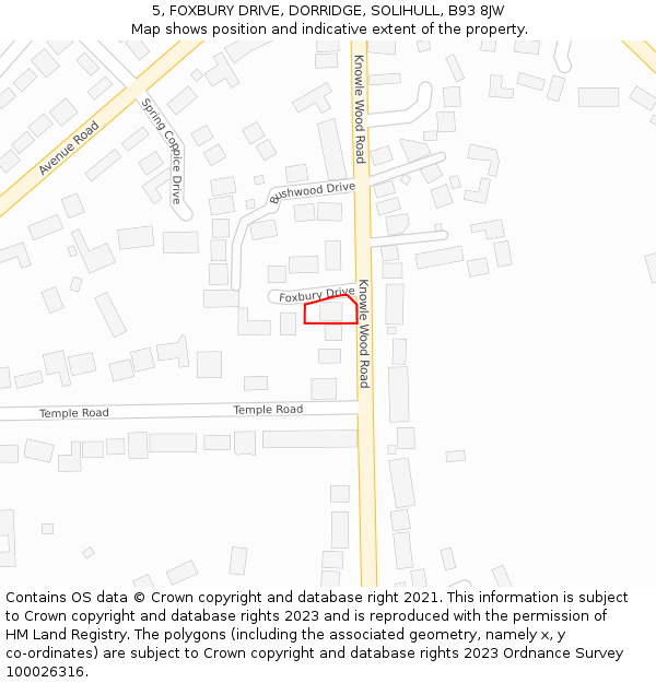 5, FOXBURY DRIVE, DORRIDGE, SOLIHULL, B93 8JW: Location map and indicative extent of plot