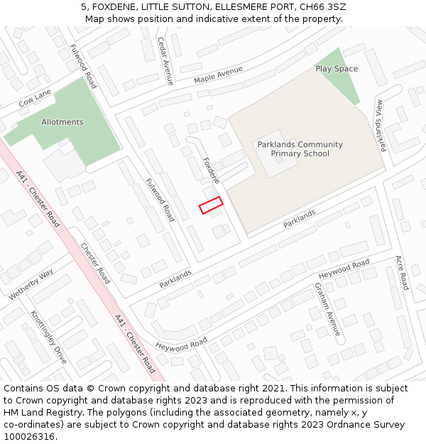 5, FOXDENE, LITTLE SUTTON, ELLESMERE PORT, CH66 3SZ: Location map and indicative extent of plot