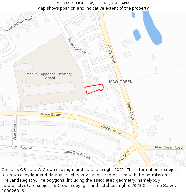 5, FOXES HOLLOW, CREWE, CW1 4NX: Location map and indicative extent of plot