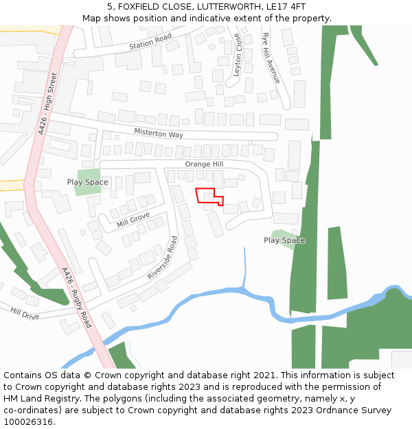 5, FOXFIELD CLOSE, LUTTERWORTH, LE17 4FT: Location map and indicative extent of plot