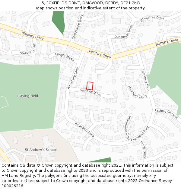 5, FOXFIELDS DRIVE, OAKWOOD, DERBY, DE21 2ND: Location map and indicative extent of plot