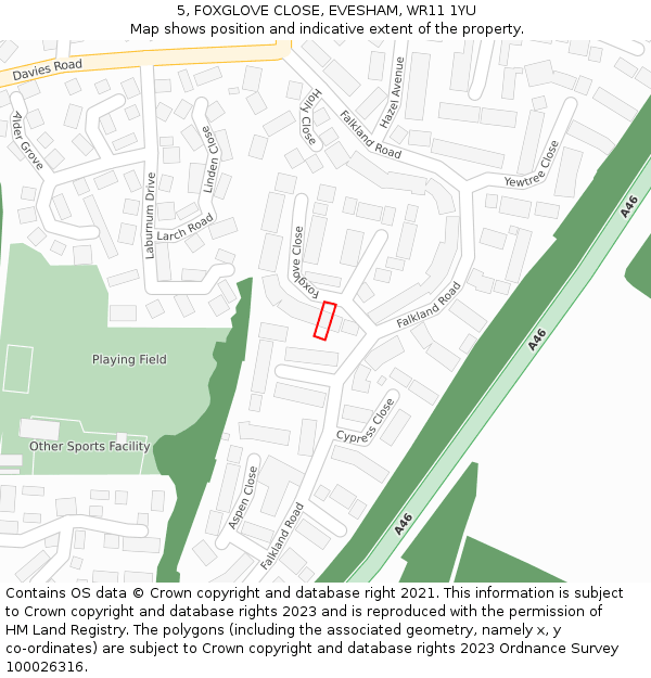 5, FOXGLOVE CLOSE, EVESHAM, WR11 1YU: Location map and indicative extent of plot