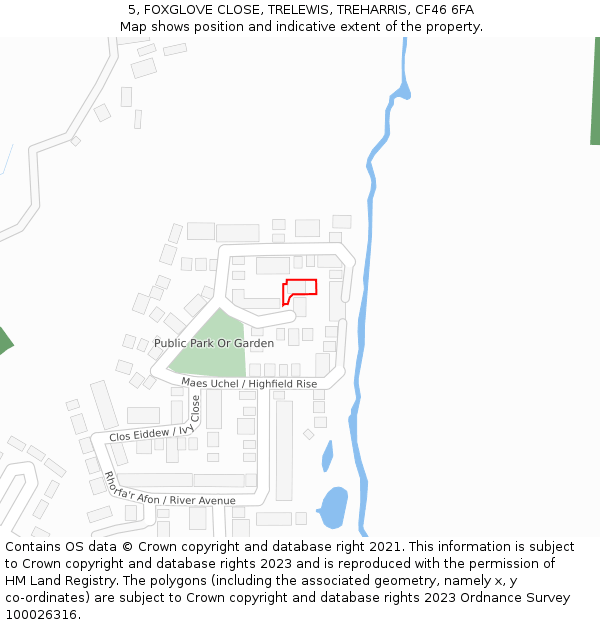 5, FOXGLOVE CLOSE, TRELEWIS, TREHARRIS, CF46 6FA: Location map and indicative extent of plot