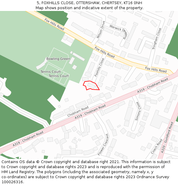 5, FOXHILLS CLOSE, OTTERSHAW, CHERTSEY, KT16 0NH: Location map and indicative extent of plot