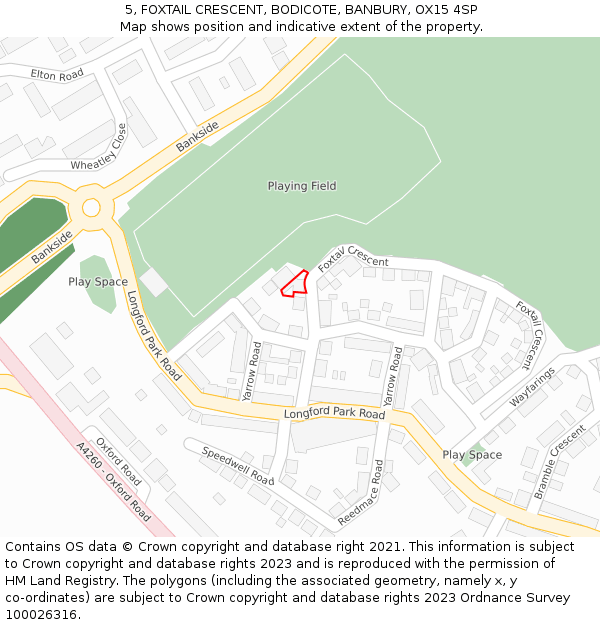 5, FOXTAIL CRESCENT, BODICOTE, BANBURY, OX15 4SP: Location map and indicative extent of plot