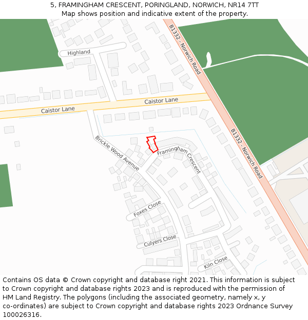 5, FRAMINGHAM CRESCENT, PORINGLAND, NORWICH, NR14 7TT: Location map and indicative extent of plot