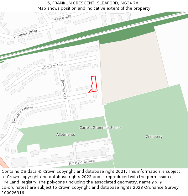 5, FRANKLIN CRESCENT, SLEAFORD, NG34 7AH: Location map and indicative extent of plot