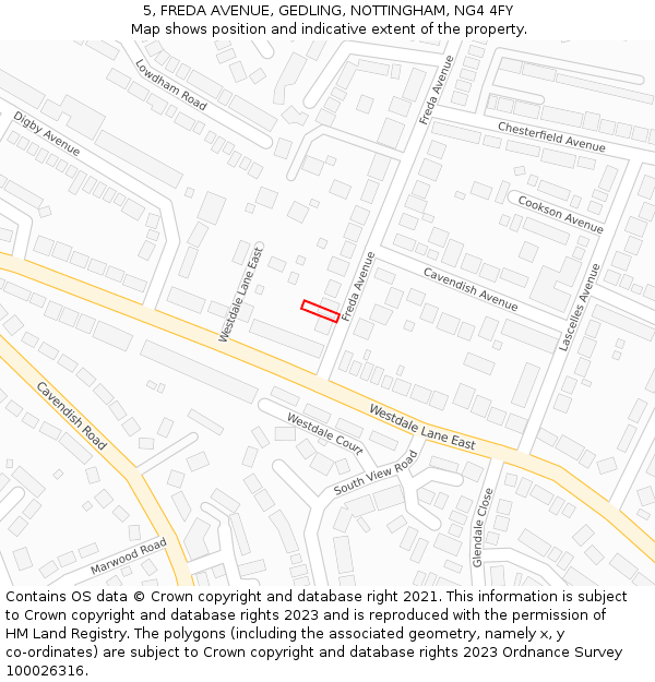 5, FREDA AVENUE, GEDLING, NOTTINGHAM, NG4 4FY: Location map and indicative extent of plot