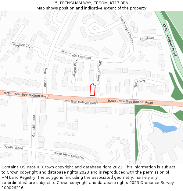 5, FRENSHAM WAY, EPSOM, KT17 3PA: Location map and indicative extent of plot