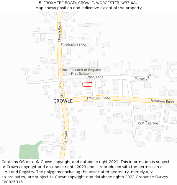 5, FROXMERE ROAD, CROWLE, WORCESTER, WR7 4AU: Location map and indicative extent of plot