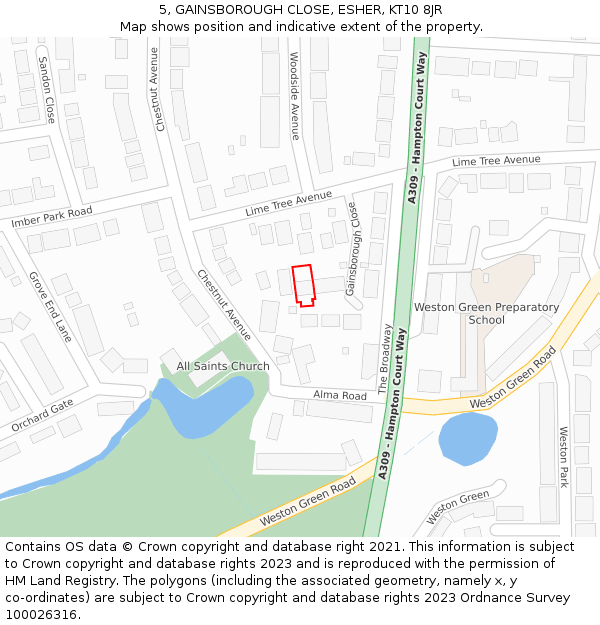 5, GAINSBOROUGH CLOSE, ESHER, KT10 8JR: Location map and indicative extent of plot