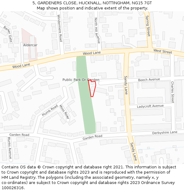 5, GARDENERS CLOSE, HUCKNALL, NOTTINGHAM, NG15 7GT: Location map and indicative extent of plot