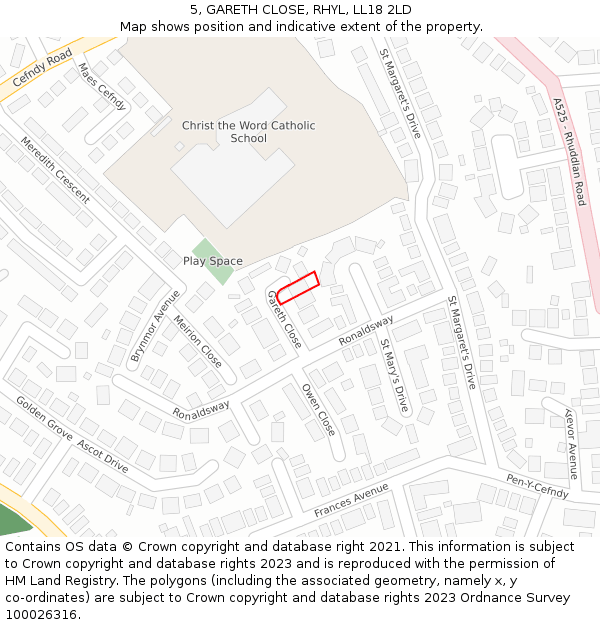 5, GARETH CLOSE, RHYL, LL18 2LD: Location map and indicative extent of plot