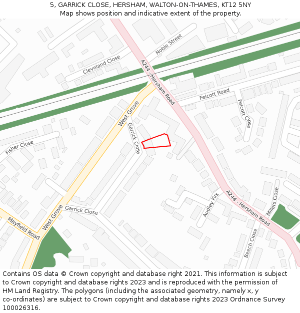 5, GARRICK CLOSE, HERSHAM, WALTON-ON-THAMES, KT12 5NY: Location map and indicative extent of plot