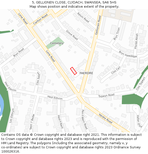 5, GELLIONEN CLOSE, CLYDACH, SWANSEA, SA6 5HS: Location map and indicative extent of plot