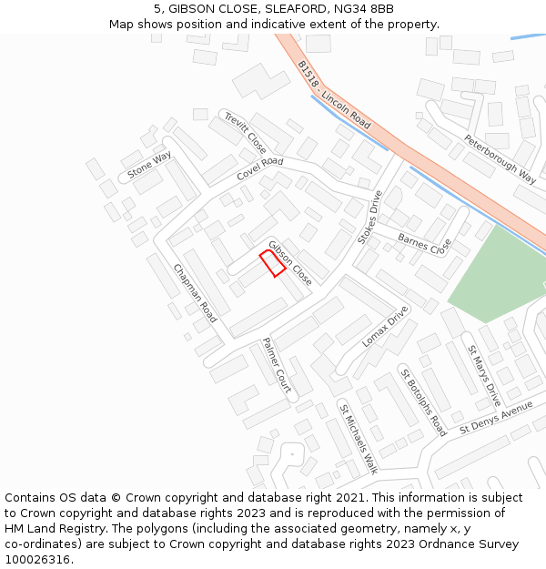 5, GIBSON CLOSE, SLEAFORD, NG34 8BB: Location map and indicative extent of plot