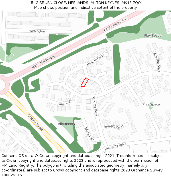 5, GISBURN CLOSE, HEELANDS, MILTON KEYNES, MK13 7QQ: Location map and indicative extent of plot